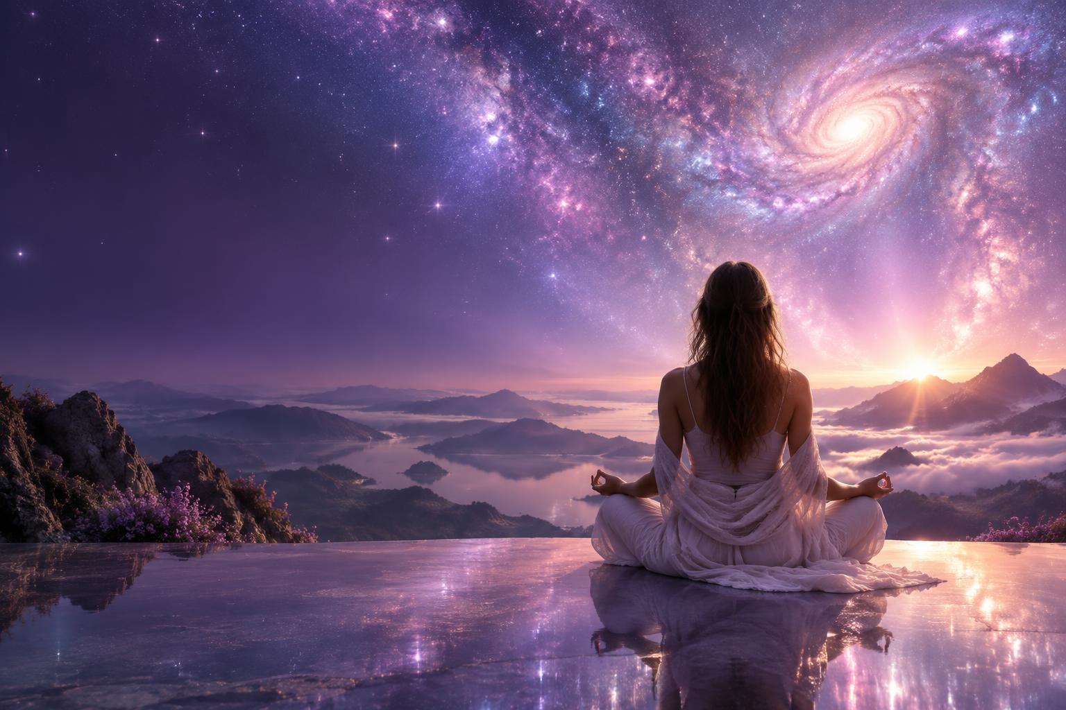 Kvinde i meditation foran et stjerneklart himmelrum i violet morgenlys