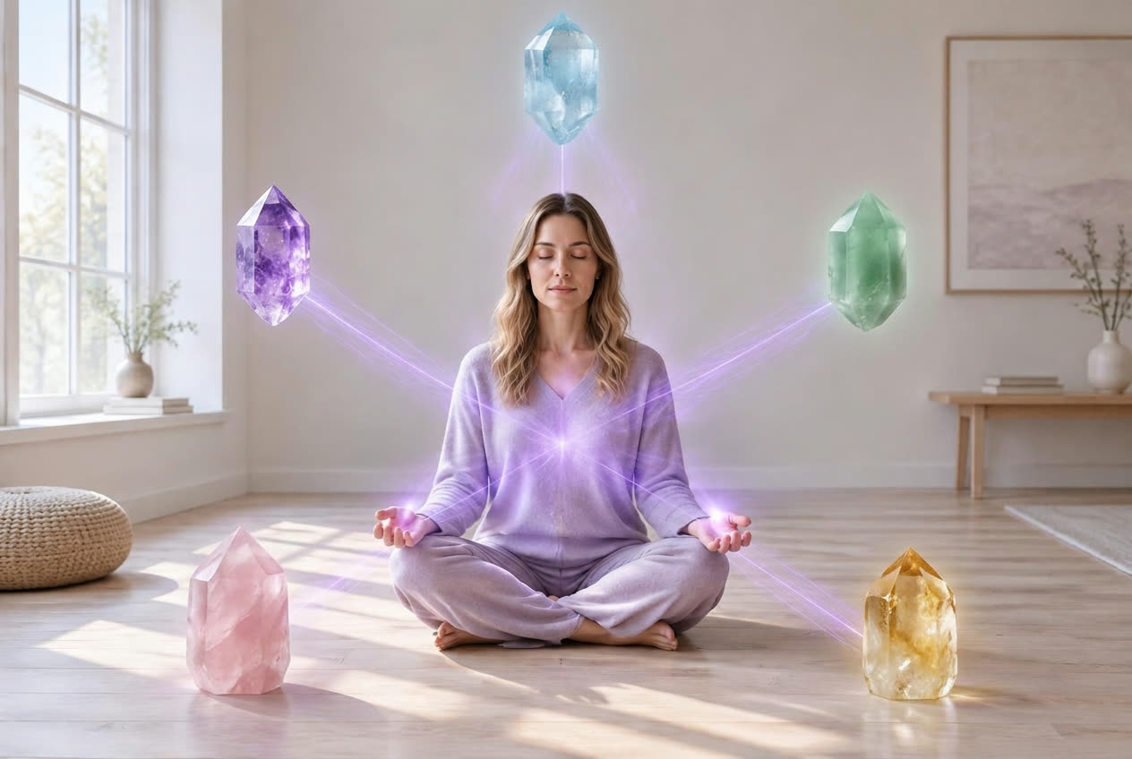 Kvinde i meditation omgivet af fem krystaller i hver sin farve: blå, violet, grøn, rosa og gylden