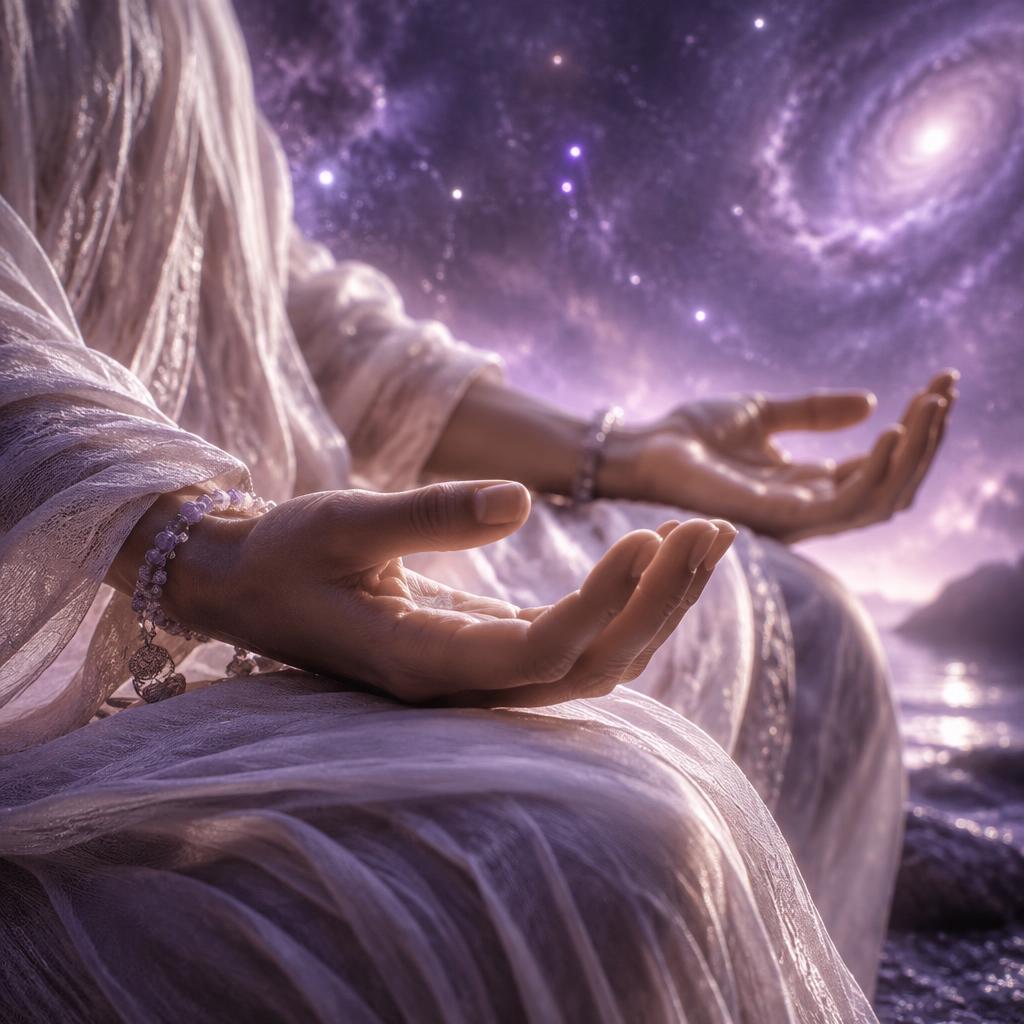 Hænder åbne i meditation under et stjerneklart, violett himmelrum